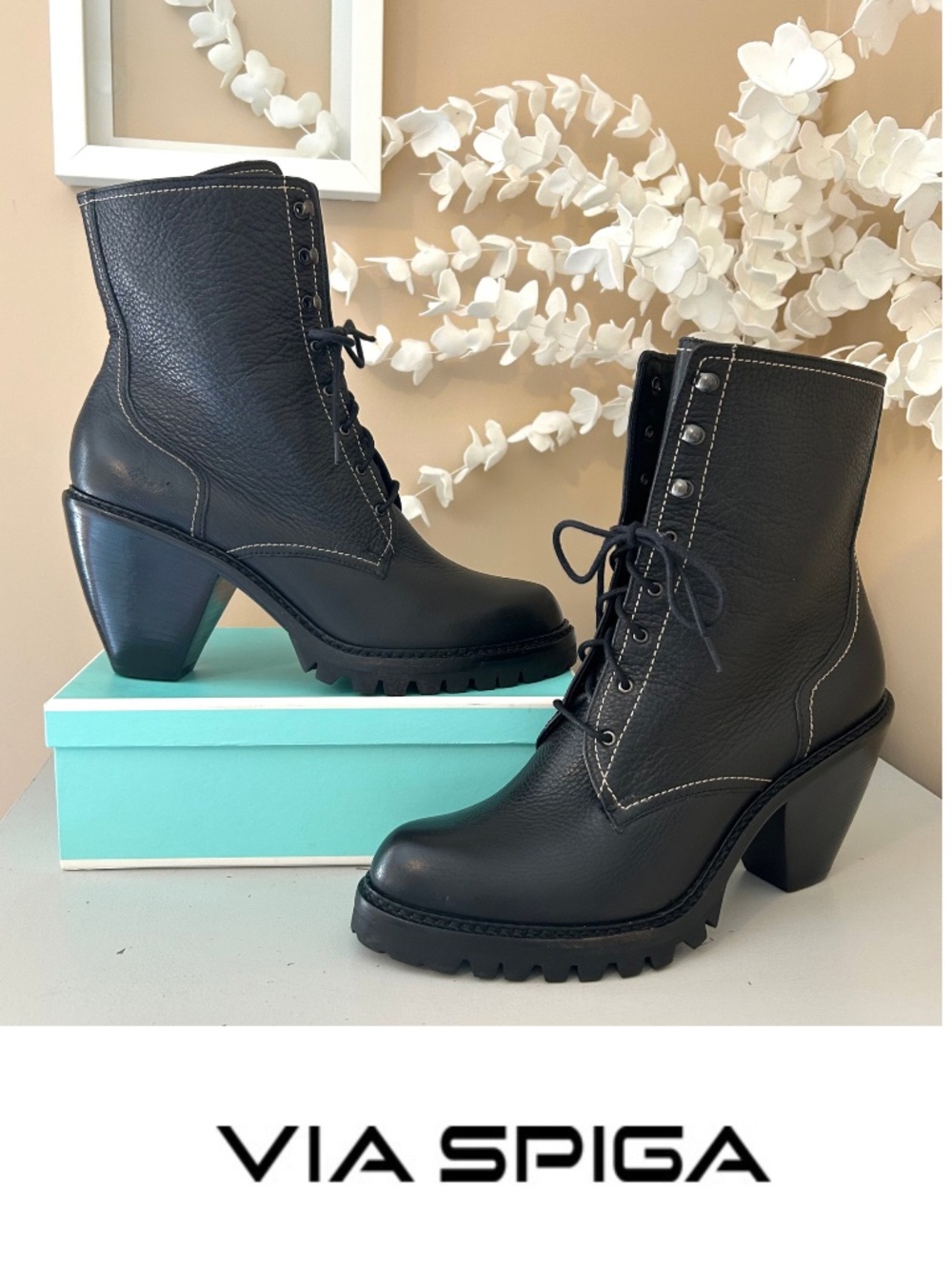 VIA SPIGA Leather Lace Up Ankle Boots Lug Sole Chunky Retro Heel Size 7.5